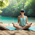 **

A person meditating peacefully in a serene virtual reality environment. The scene should depict a calm natural setting, like a beach or forest, viewed through a VR headset. Soft, calming colors should dominate the image. The person should look relaxed and content.

**