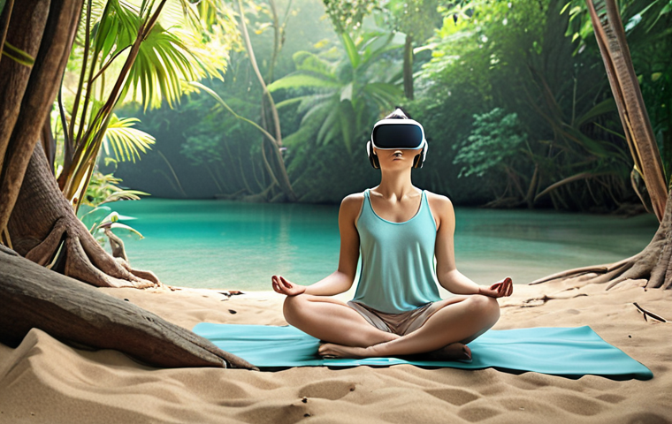 **
A person meditating peacefully in a serene virtual reality environment. The scene should depict a calm natural setting, like a beach or forest, viewed through a VR headset. Soft, calming colors should dominate the image. The person should look relaxed and content.
**