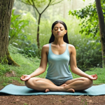 **

A person peacefully meditating outdoors, surrounded by nature. Soft, calming colors should dominate the scene. The person is using the Headspace app on their phone for guided meditation. The overall mood is serene and relaxed, conveying mental peace.

**