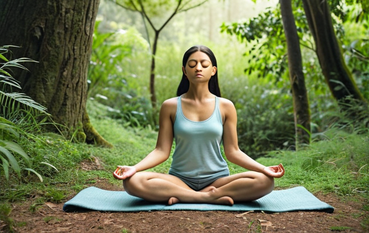 **
A person peacefully meditating outdoors, surrounded by nature. Soft, calming colors should dominate the scene. The person is using the Headspace app on their phone for guided meditation. The overall mood is serene and relaxed, conveying mental peace.
**