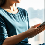 A professional woman in a modest, contemporary business-casual dress, sitting gracefully in a tranquil, sunlit modern living space. She is holding a tablet with two hands, observing a calming meditation app interface with gentle focus. The background features blurred, soft-toned bookshelves and a large window. Perfect anatomy, correct proportions, natural pose, well-formed hands, proper finger count, natural body proportions. Fully clothed, appropriate attire, safe for work, appropriate content, professional, high quality, studio lighting.