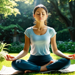 ** A serene woman practicing meditation in a peaceful garden, fully clothed in comfortable, modest attire. Sunlight filters through the trees, creating a calming atmosphere. Safe for work, appropriate content, professional, perfect anatomy, natural proportions.

**