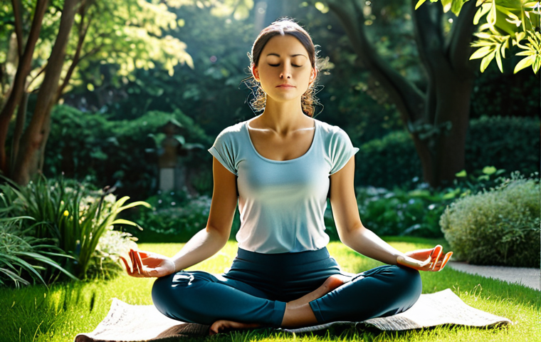 ** A serene woman practicing meditation in a peaceful garden, fully clothed in comfortable, modest attire. Sunlight filters through the trees, creating a calming atmosphere. Safe for work, appropriate content, professional, perfect anatomy, natural proportions.
**