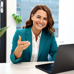 **

A professional female therapist, fully clothed in modest business attire, smiles warmly during an online therapy session. She is sitting in a bright, modern office with plants in the background. The client is visible on a laptop screen. Safe for work, appropriate content, family-friendly, perfect anatomy, natural pose, well-formed hands, proper finger count, professional setting.

**