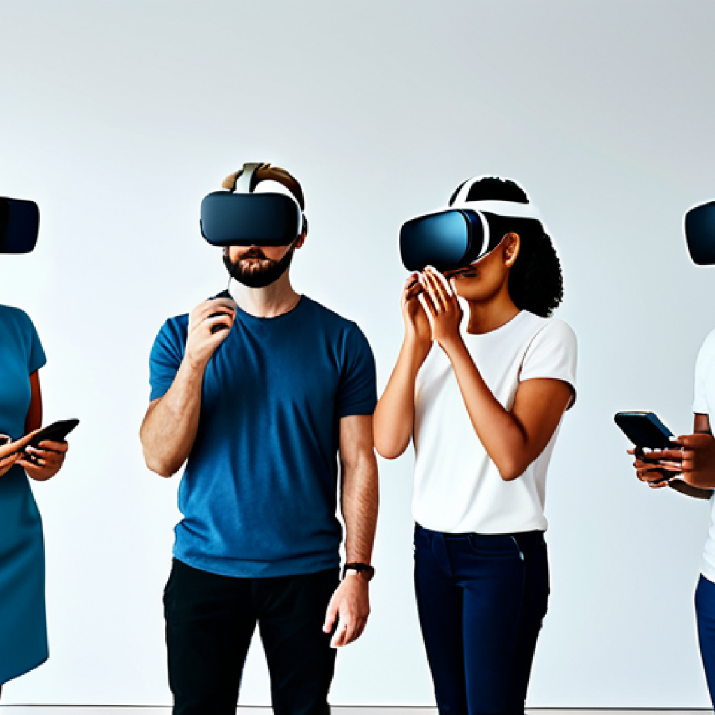 **

"A diverse group of people using smartphones and VR headsets in a bright, modern, and calming environment, fully clothed, appropriate attire, safe for work, showcasing mental health apps and virtual reality therapy, perfect anatomy, natural proportions, professional, family-friendly, high quality, illustration."

**