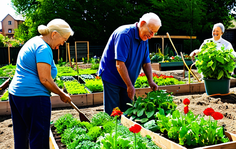 **Prompt:** A vibrant community garden scene, diverse people of all ages working together, planting flowers and vegetables, fully clothed, modest attire, bright sunny day, community spirit, safe for work, perfect anatomy, natural pose, high quality, appropriate content, family-friendly.