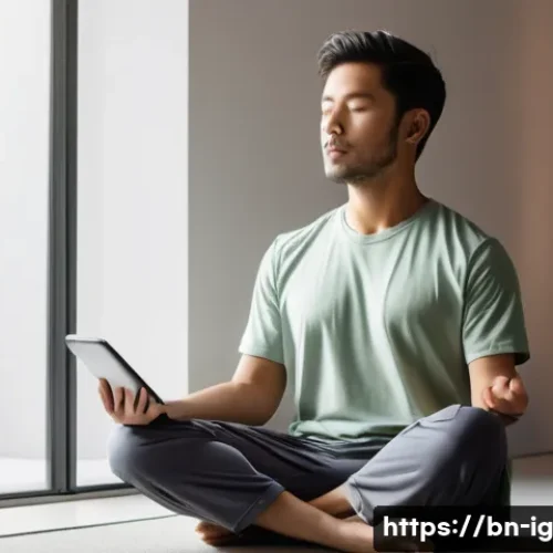 Home 32 정신건강과 기술 새로운 패러다임 - **Prompt 1: Serene Guided Meditation with Technology**
"A young adult, wearing comfortable, mode...