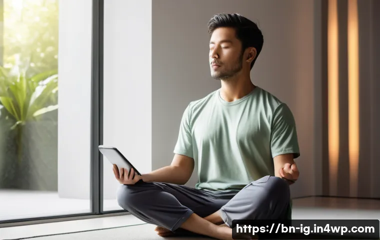 정신건강과 기술 새로운 패러다임 - **Prompt 1: Serene Guided Meditation with Technology**
"A young adult, wearing comfortable, mode...
