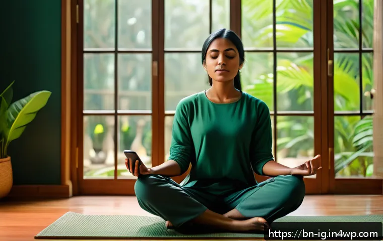 정신건강과 관련된 최신 기술 연구 결과 - A serene digital meditation scene featuring a Bengali woman in comfortable casual clothing using a s...
